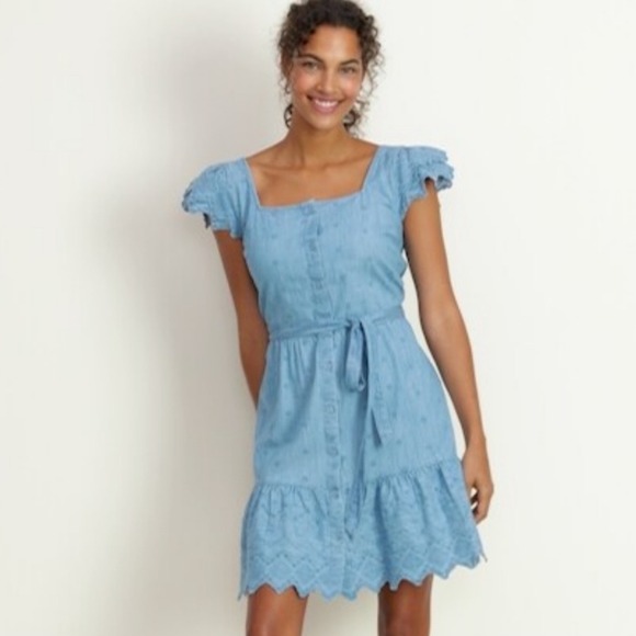 Old Navy Dresses & Skirts - OLD NAVY | Blue Denim Chambray Embroidered Cutwork Eyelet Peasant Mini Dress, L‎